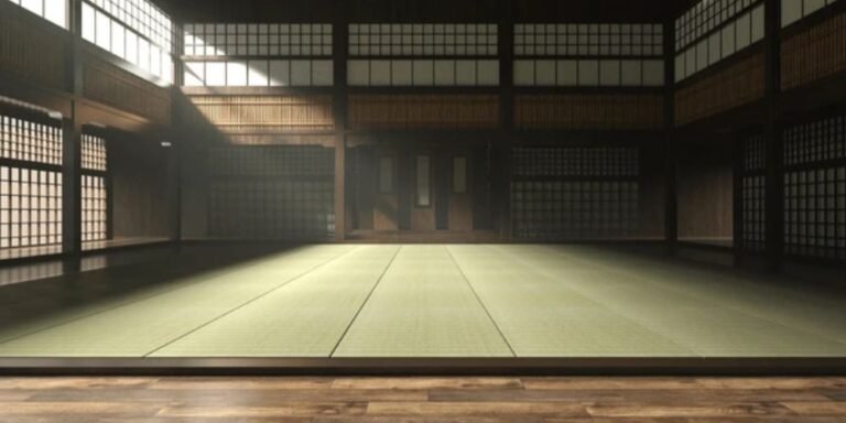 Dojo tradicional japonés vacío con tatami limpio e iluminación suave