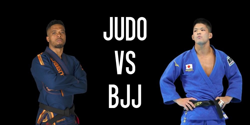 Dos deportistas frente a frente, uno con uniforme de Judo ejecutando una proyección y otro con uniforme de Jiu-jitsu brasileño intentando una sumisión, representando las diferencias entre Judo y BJJ