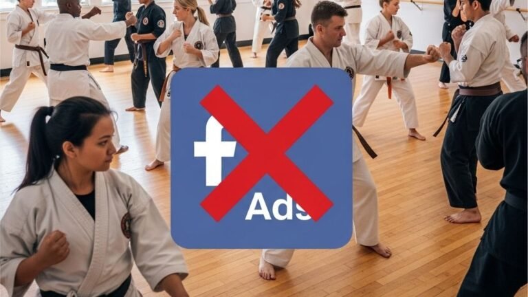 Estudiantes de artes marciales entrenando en un dojo, con el icono de Facebook Ads tachado, simbolizando estrategias de marketing orgánico