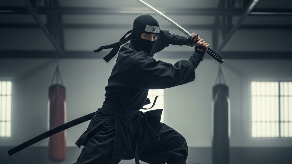 Ninja sigiloso en acción con katana, representando el ninjutsu y el origen de los guerreros de la sombra
